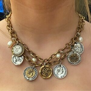 PATRICIA NASH Double Charm World Coin & Freshwater Pearls Necklace